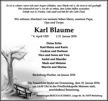Traueranzeige von Karl Blaume von Schaumburger Nachrichten