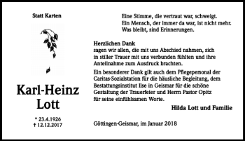 Traueranzeige von Karl-Heinz Lott von Göttinger Tageblatt