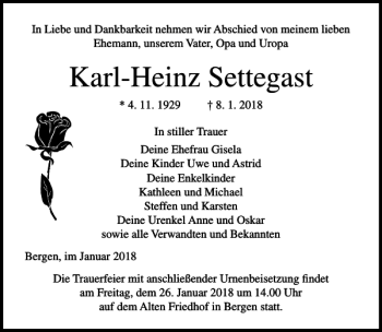 Traueranzeige von Karl-Heinz Settegast von Ostsee-Zeitung