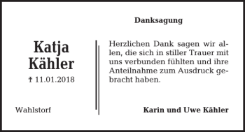 Traueranzeige von Katja Kähler von Kieler Nachrichten / Segeberger Zeitung