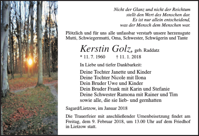  Traueranzeige für Kerstin Golz vom 20.01.2018 aus Ostsee-Zeitung