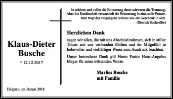 Traueranzeige von Klaus-Dieter Busche von Schaumburger Nachrichten