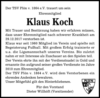 Traueranzeige von Klaus Koch von Kieler Nachrichten / Segeberger Zeitung