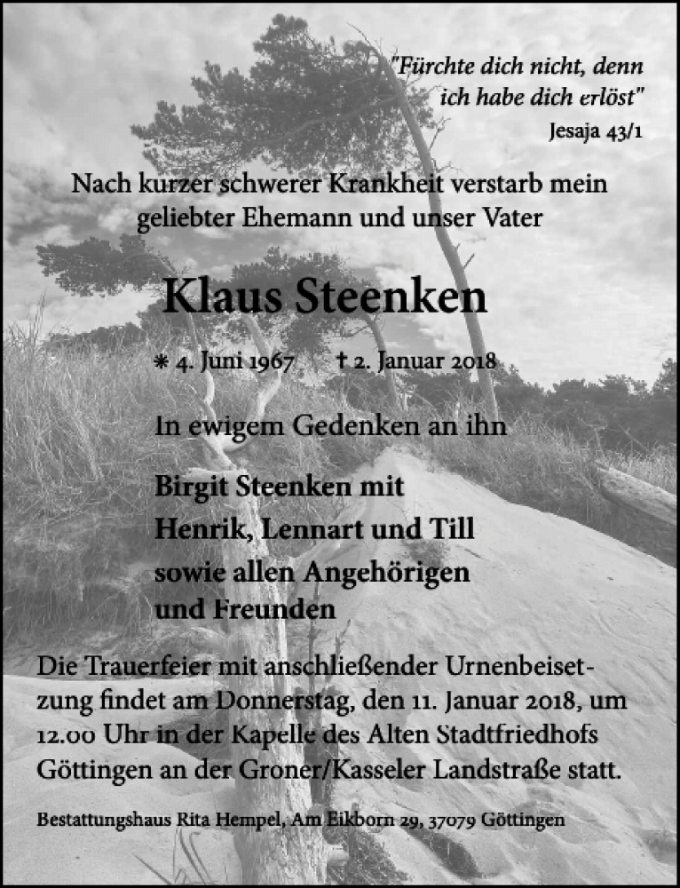  Traueranzeige für Klaus Steenken vom 06.01.2018 aus Göttinger Tageblatt