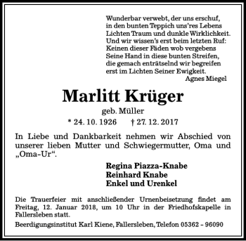 Traueranzeige von Krüger Marlitt von Aller Zeitung / Wolfsburger Allgemeine