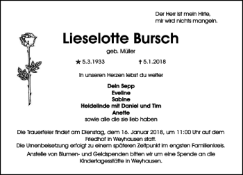Traueranzeige von Lieselotte Bursch von Aller Zeitung / Wolfsburger Allgemeine