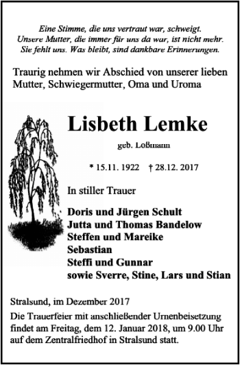 Traueranzeige von Lisbeth Lemke von Ostsee-Zeitung