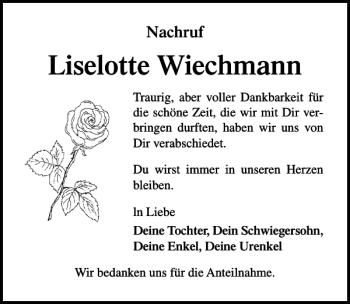 Traueranzeige von Liselotte Wiechmann von Ostsee-Zeitung