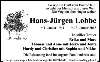 Traueranzeige von Lobbe Hans-Jürgen von Schaumburger Nachrichten