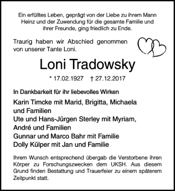 Traueranzeige von Loni Tradowsky von Lübecker Nachrichten