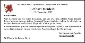 Traueranzeige von Lothar Dornfeld von Aller Zeitung / Wolfsburger Allgemeine