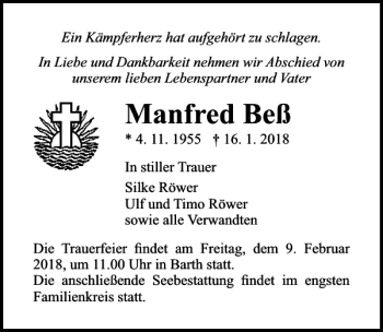 Traueranzeige von Manfred Beß von Ostsee-Zeitung