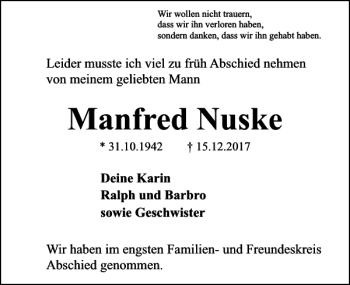 Traueranzeige von Manfred Nuske von Lübecker Nachrichten