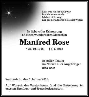 Traueranzeige von Manfred Rose von Aller Zeitung / Wolfsburger Allgemeine