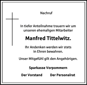 Traueranzeige von Manfred Tittelwitz von Ostsee-Zeitung
