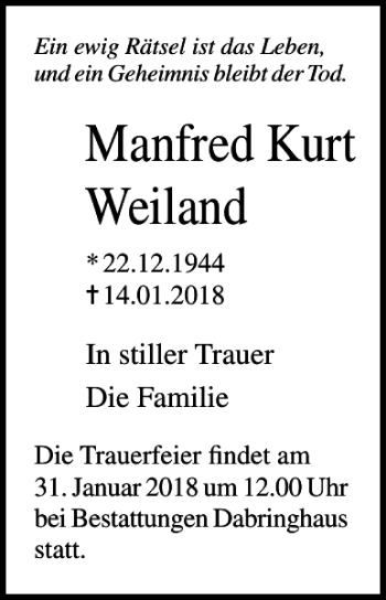 Traueranzeige von Manfred Kurt Weiland von Lübecker Nachrichten