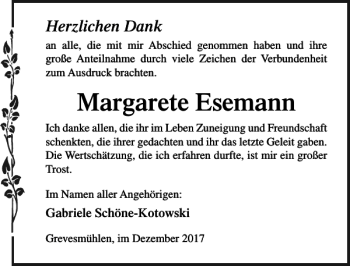 Traueranzeige von Margarete Esemann von Ostsee-Zeitung