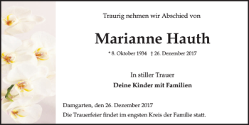 Traueranzeige von Marianne Hauth von Ostsee-Zeitung