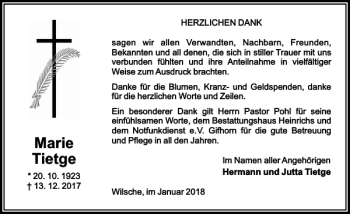 Traueranzeige von Marie Tietge von Aller Zeitung / Wolfsburger Allgemeine