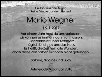 Traueranzeige von Mario Wegner von Aller Zeitung / Wolfsburger Allgemeine