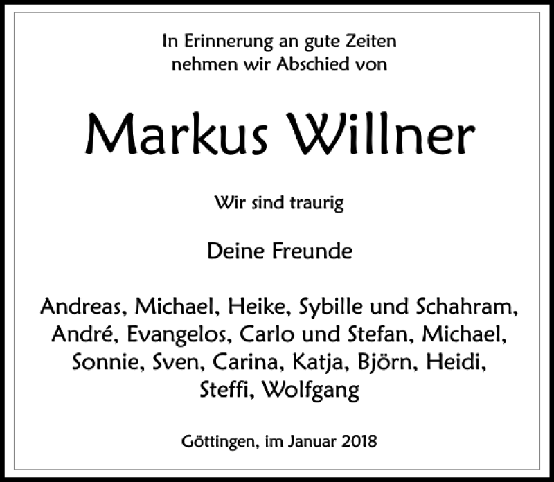  Traueranzeige für Markus Willner vom 20.01.2018 aus Göttinger Tageblatt