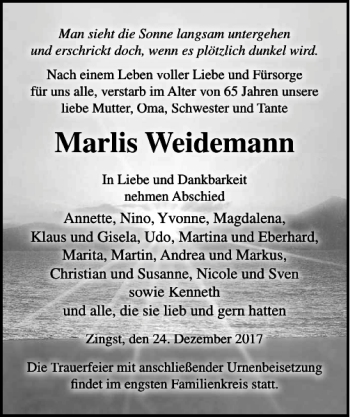 Traueranzeige von Marlis Weidemann von Ostsee-Zeitung