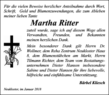 Traueranzeige von Martha Ritter von Ostsee-Zeitung