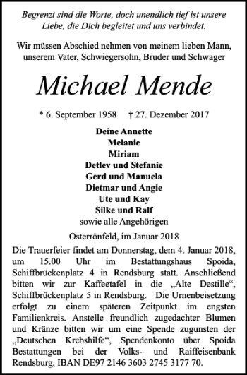 Traueranzeige von Michael Mende von Kieler Nachrichten / Segeberger Zeitung