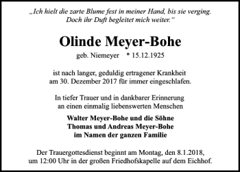 Traueranzeige von Olinde Meyer-Bohe von Kieler Nachrichten / Segeberger Zeitung