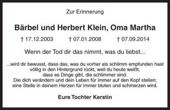 Traueranzeige von Oma Bärbel Und Herbert Klein von Kieler Nachrichten / Segeberger Zeitung