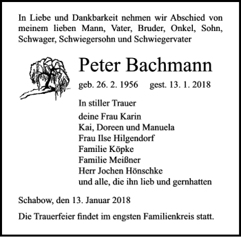 Traueranzeige von Peter Bachmann von Ostsee-Zeitung