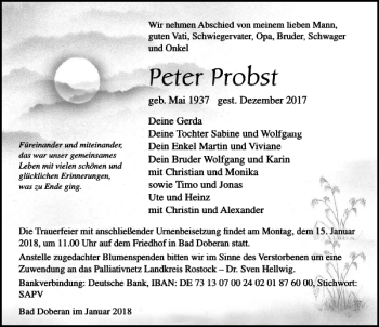 Traueranzeige von Peter Probst von Ostsee-Zeitung