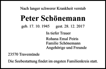 Traueranzeige von Peter Schönemann von Lübecker Nachrichten