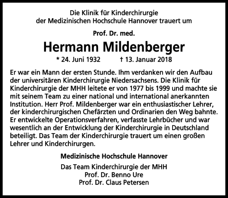  Traueranzeige für Prof. Dr. Med. H. Mildenberger vom 17.01.2018 aus HAZ/NP
