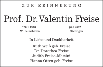 Traueranzeige von Prof. Dr. Valentin Freise von Göttinger Tageblatt