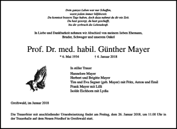 Traueranzeige von Prof. Dr. med. habil. Günther Mayer  von Ostsee-Zeitung