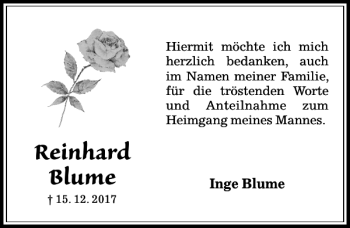 Traueranzeige von Reinhard Blume von Aller Zeitung / Wolfsburger Allgemeine