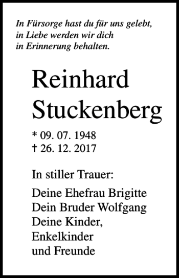 Traueranzeige von Reinhard Stuckenberg von Lübecker Nachrichten