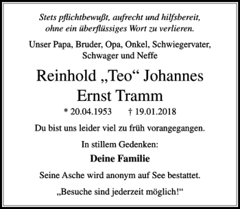 Traueranzeige von Reinhold Teo Johannes Ernst Tramm von Ostsee-Zeitung