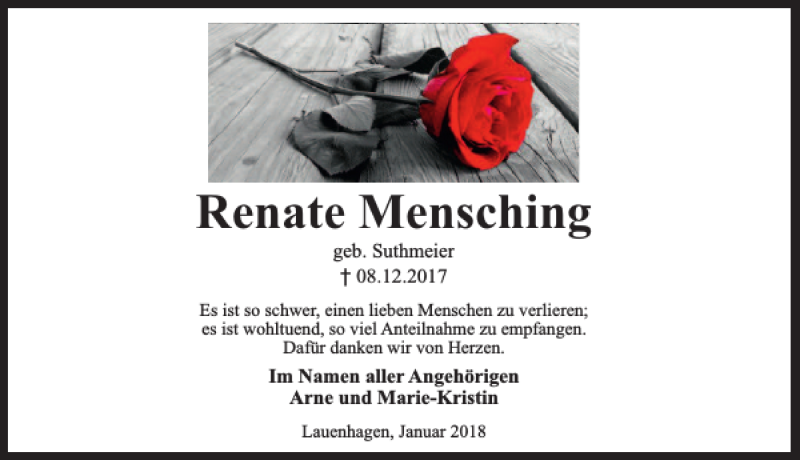  Traueranzeige für Renate Mensching vom 06.01.2018 aus Schaumburger Nachrichten