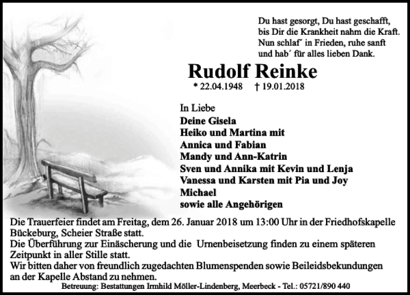  Traueranzeige für Rudolf Reinke vom 23.01.2018 aus Schaumburger Nachrichten