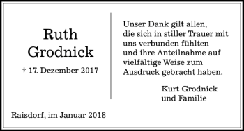 Traueranzeige von Ruth Grodnick von Kieler Nachrichten / Segeberger Zeitung