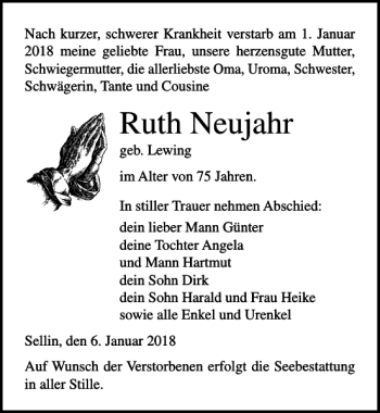 Traueranzeige von Ruth Neujahr von Ostsee-Zeitung