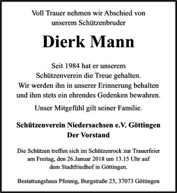 Traueranzeige von Schützenverein Mann von Göttinger Tageblatt