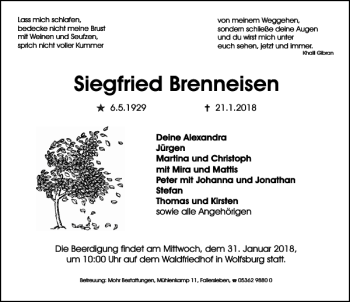 Traueranzeige von Siegfried Brenneisen von Aller Zeitung / Wolfsburger Allgemeine