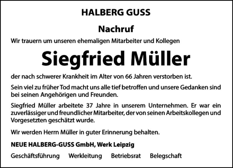  Traueranzeige für Siegfried Müller vom 23.01.2018 aus Leipziger Volkszeitung