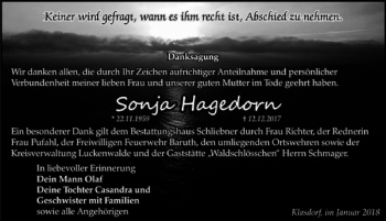 Traueranzeige von Sonja Hagedorn von MAZ-Trauer.de