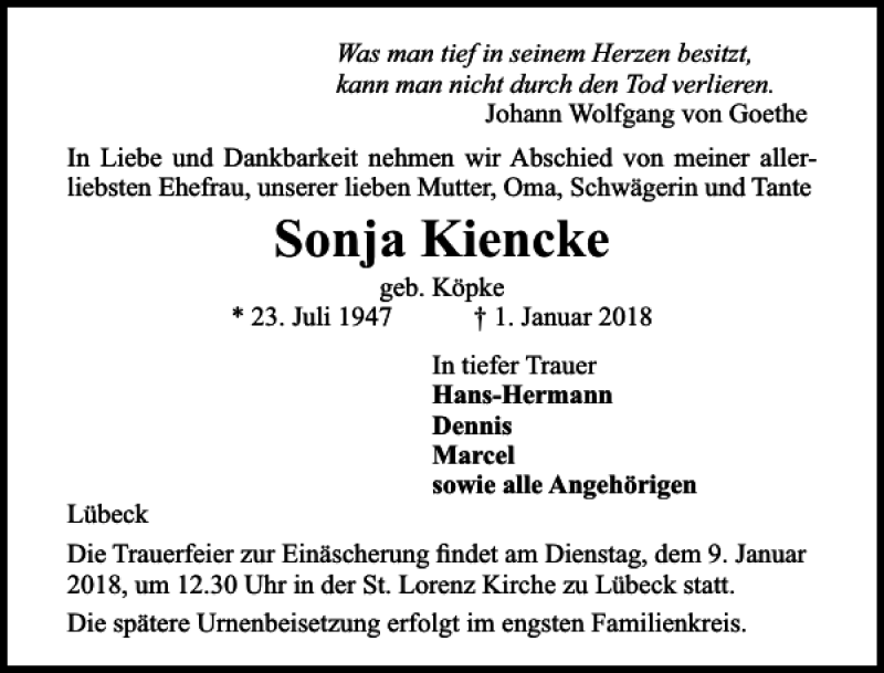  Traueranzeige für Sonja Kiencke vom 07.01.2018 aus Lübecker Nachrichten