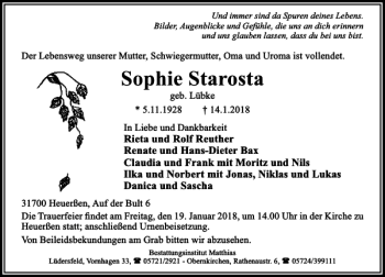 Traueranzeige von Sophie Starosta von Schaumburger Nachrichten