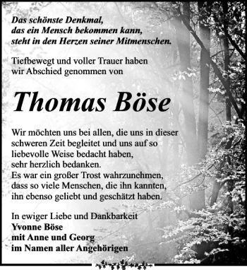 Traueranzeige von Thomas Böse von Leipziger Volkszeitung